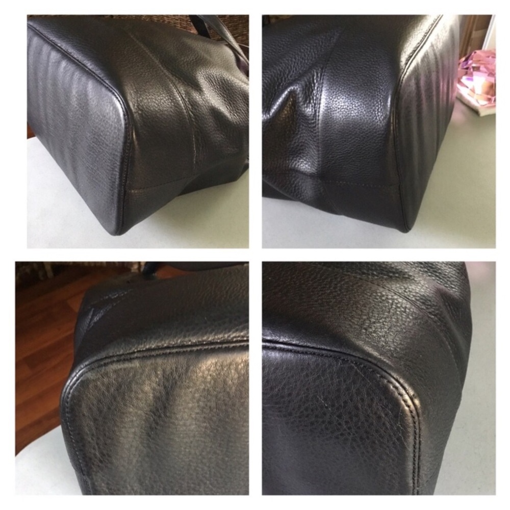 TORY BURCH MICHELLE BLACK PEBBLED LEATHER BUCKET TOTE BLACK GOLD LOGO - Picture 5 of 15